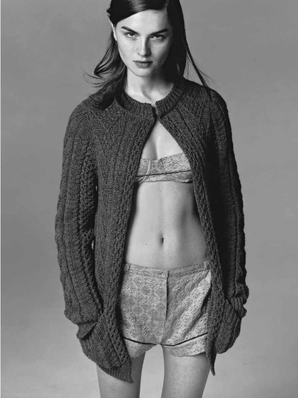 Vintage PRADA S/S 2002 Wool Alpaca Cable Knit Hook & Eye Cardigan in Grey